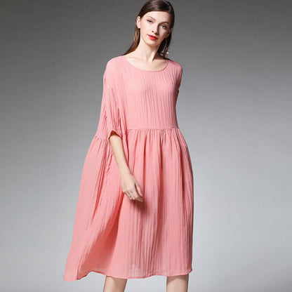 Plus Size Female Pleated Solid Color Midi Dress