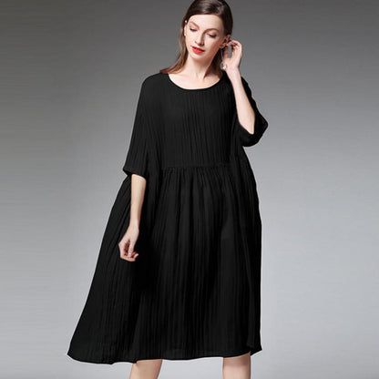 Plus Size Female Pleated Solid Color Midi Dress