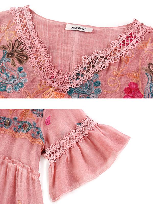 Plus Size Floral Embroidery Flare Sleeve Dress