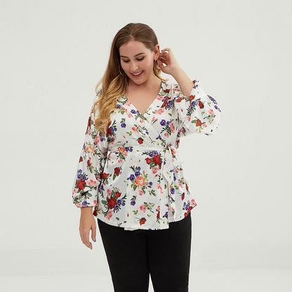 Plus Size Floral Printed Sexy Bathrobe Blouse