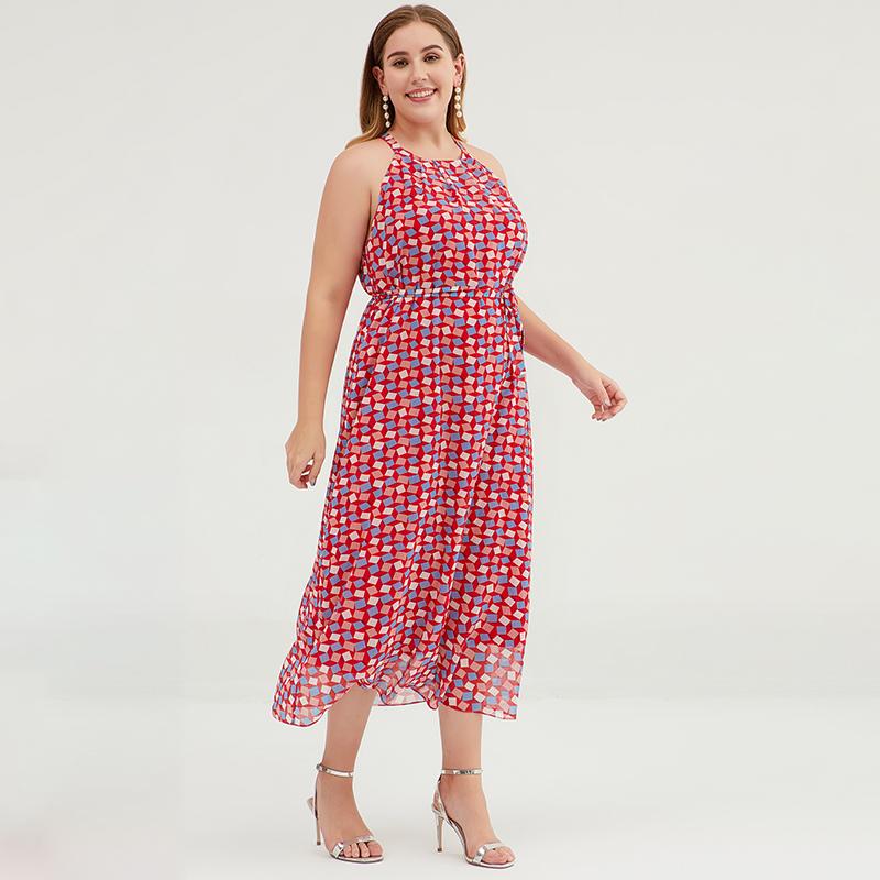 Plus Size Geometric Printed Adjustable Halter Maxi Dress
