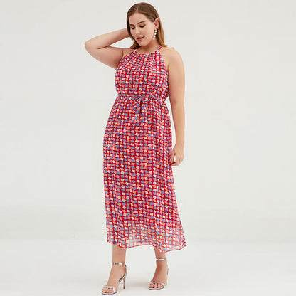 Plus Size Geometric Printed Adjustable Halter Maxi Dress