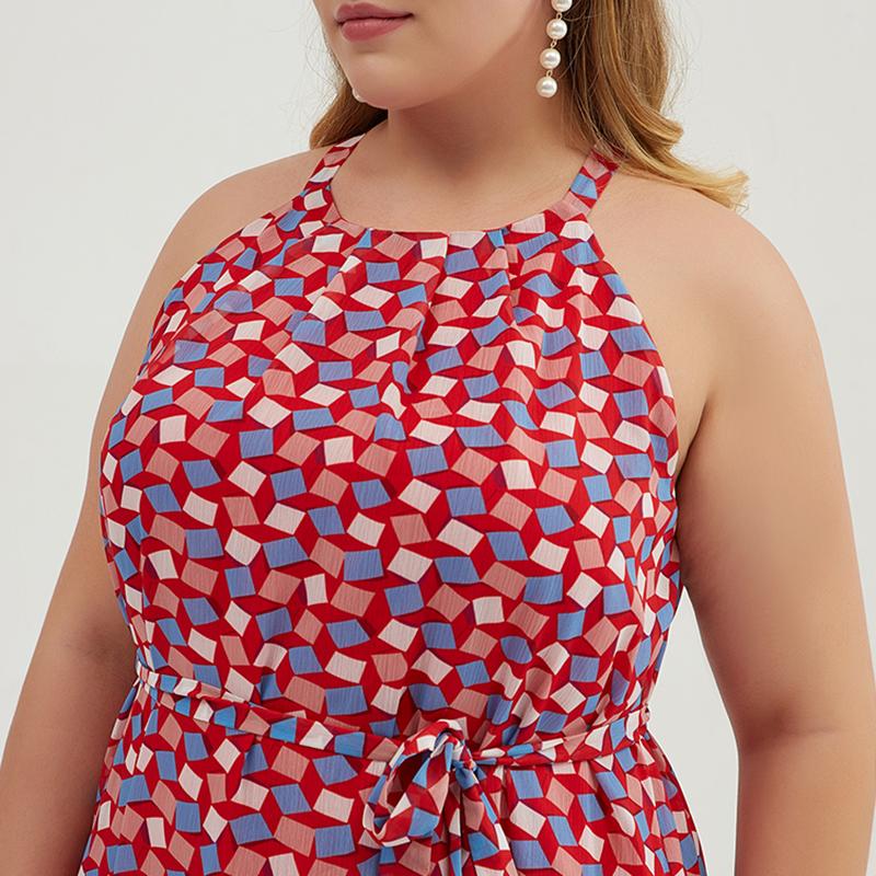 Plus Size Geometric Printed Adjustable Halter Maxi Dress