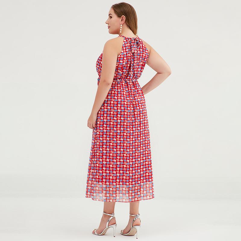Plus Size Geometric Printed Adjustable Halter Maxi Dress