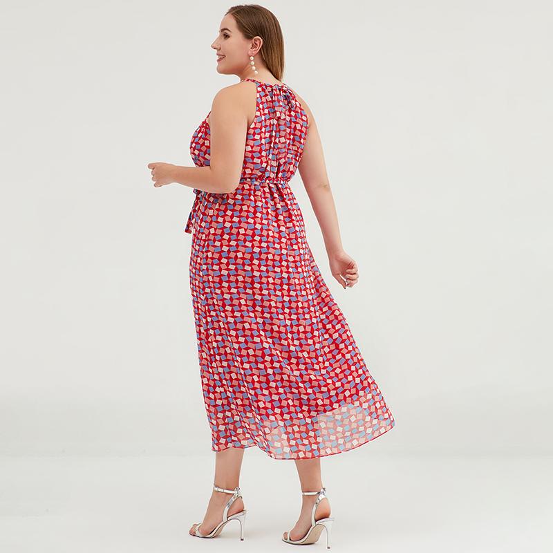 Plus Size Geometric Printed Adjustable Halter Maxi Dress