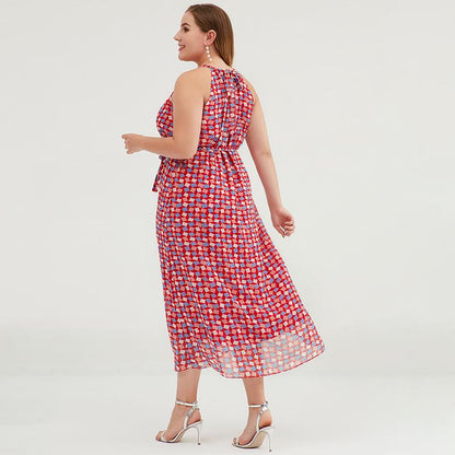 Plus Size Geometric Printed Adjustable Halter Maxi Dress