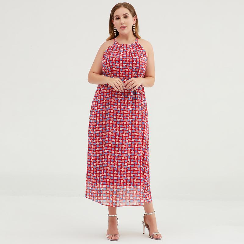 Plus Size Geometric Printed Adjustable Halter Maxi Dress