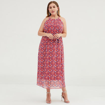 Plus Size Geometric Printed Adjustable Halter Maxi Dress