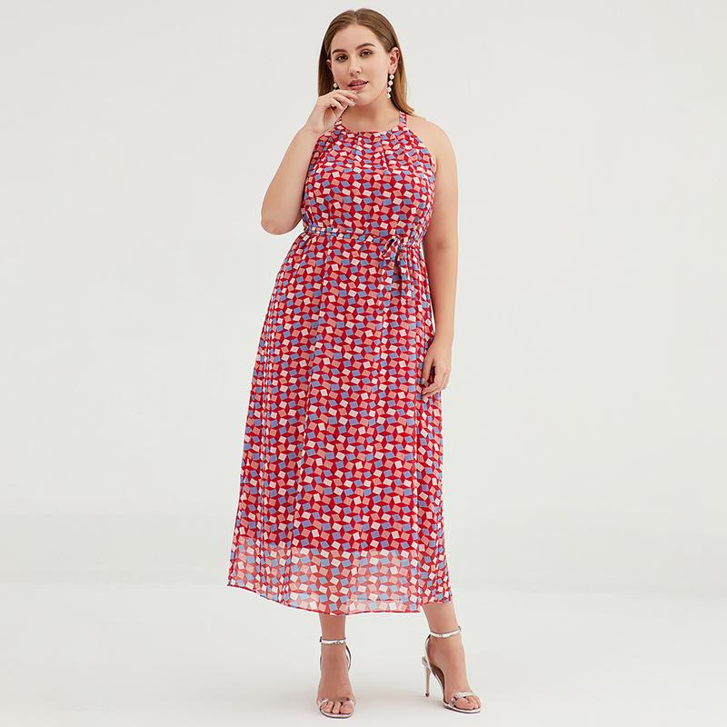 Plus Size Geometric Printed Adjustable Halter Maxi Dress