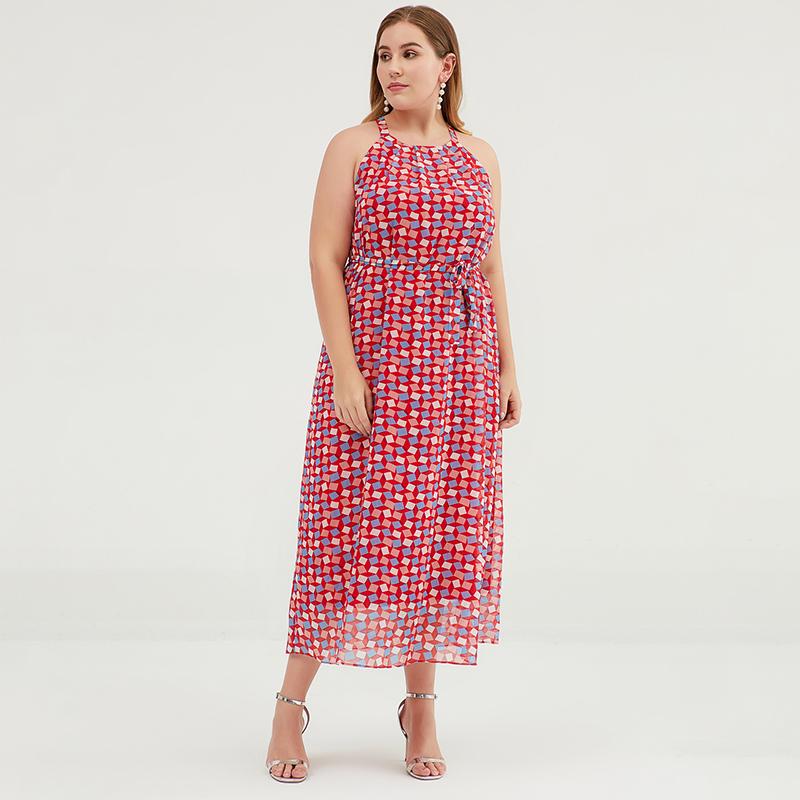 Plus Size Geometric Printed Adjustable Halter Maxi Dress