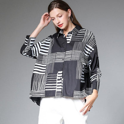 Plus Size Geometric Striped Print Casual Loose Shirt