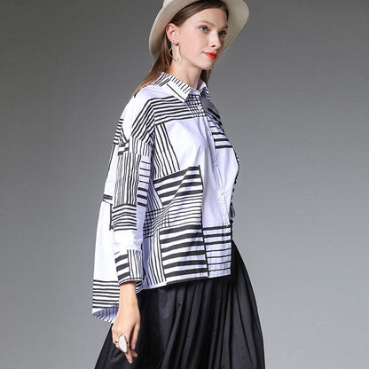 Plus Size Geometric Striped Print Casual Loose Shirt