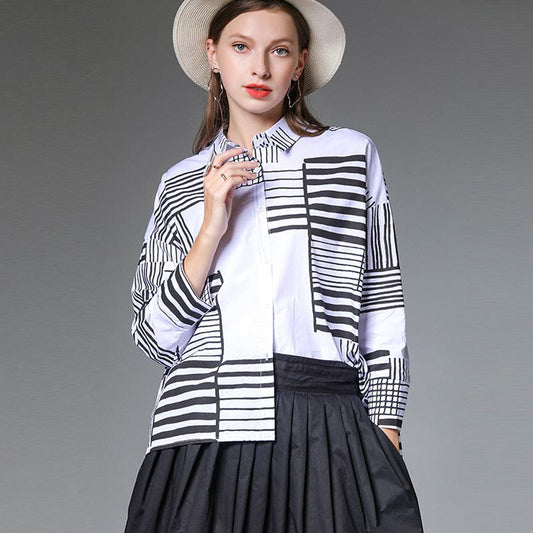 Plus Size Geometric Striped Print Casual Loose Shirt