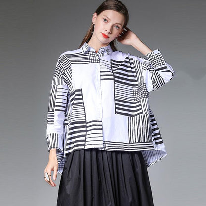 Plus Size Geometric Striped Print Casual Loose Shirt