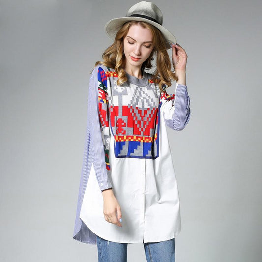 Plus Size Knitting Contrast Color Splicing Shirt