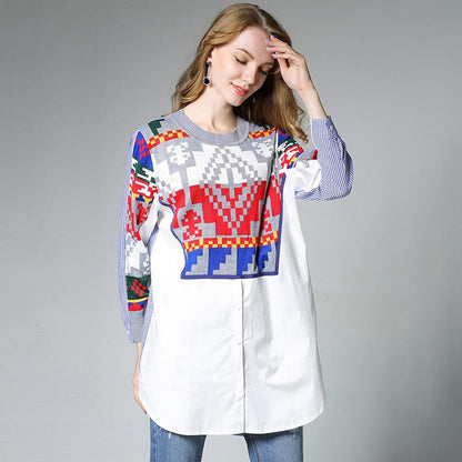 Plus Size Knitting Contrast Color Splicing Shirt