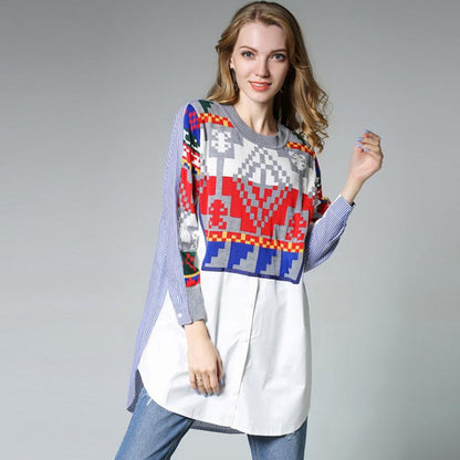 Plus Size Knitting Contrast Color Splicing Shirt