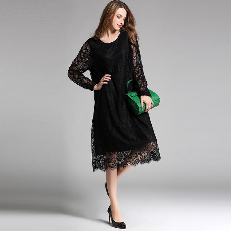 Plus Size Lace Solid Embroidery Plus Size Dress