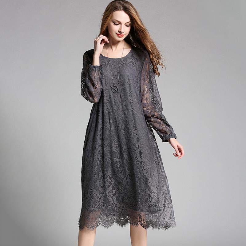 Plus Size Lace Solid Embroidery Plus Size Dress