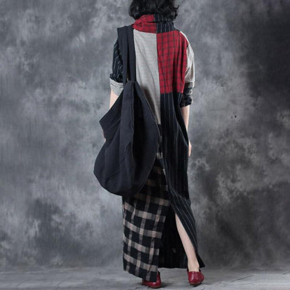 Plus Size Plaid And Stripe Spliced Retro Dress