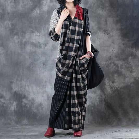 Plus Size Plaid And Stripe Spliced Retro Dress