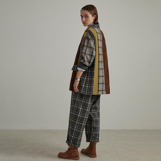 Plus Size Plaid Wool Polyester Women Cardigan Coat