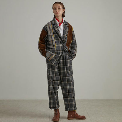 Plus Size Plaid Wool Polyester Women Cardigan Coat