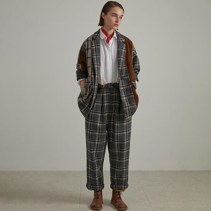 Plus Size Plaid Wool Polyester Women Cardigan Coat
