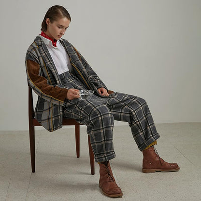 Plus Size Plaid Wool Polyester Women Cardigan Coat
