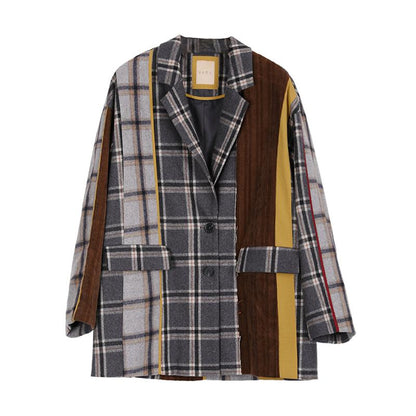 Plus Size Plaid Wool Polyester Women Cardigan Coat