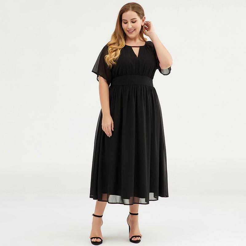 Plus Size Pure Color Chiffon Pleated Dress