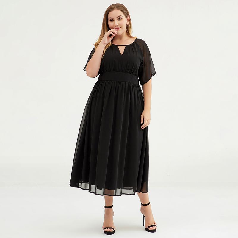Plus Size Pure Color Chiffon Pleated Dress