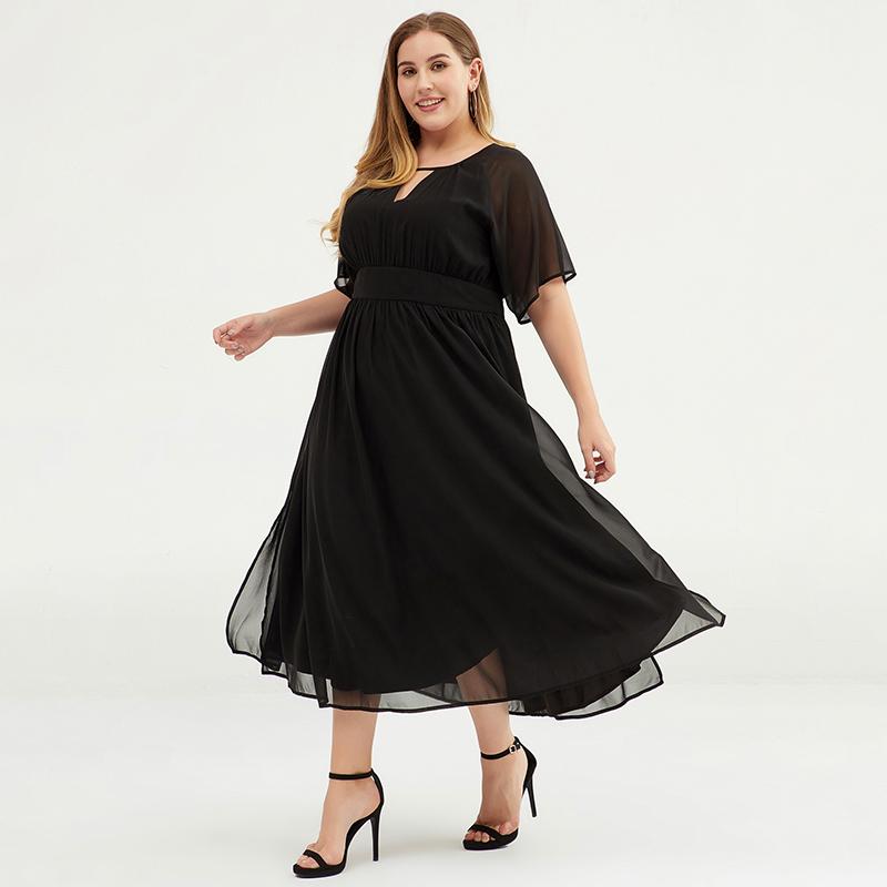 Plus Size Pure Color Chiffon Pleated Dress
