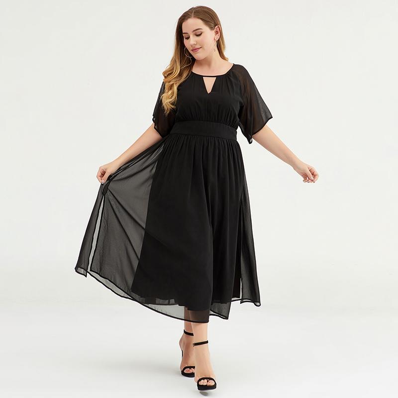 Plus Size Pure Color Chiffon Pleated Dress