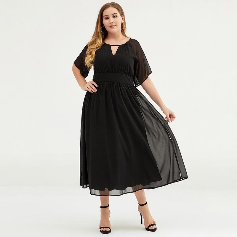 Plus Size Pure Color Chiffon Pleated Dress