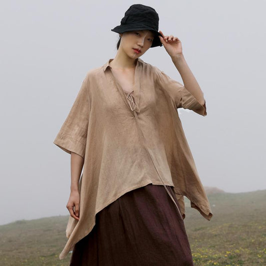 Plus Size Retro Lacing High Low Hem Irregular Blouse