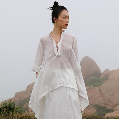 Plus Size Retro Lacing High Low Hem Irregular Blouse