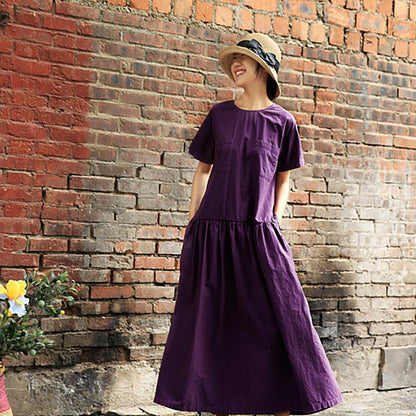 Plus Size Round Collar Short Sleeve Purple Cotton Dress
