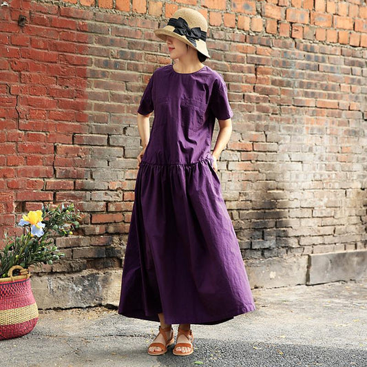 Plus Size Round Collar Short Sleeve Purple Cotton Dress