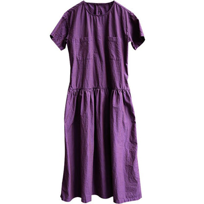 Plus Size Round Collar Short Sleeve Purple Cotton Dress