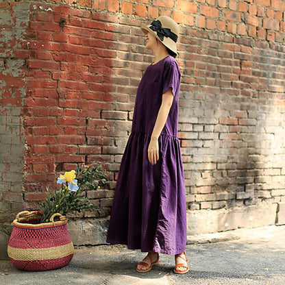Plus Size Round Collar Short Sleeve Purple Cotton Dress