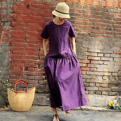 Plus Size Round Collar Short Sleeve Purple Cotton Dress