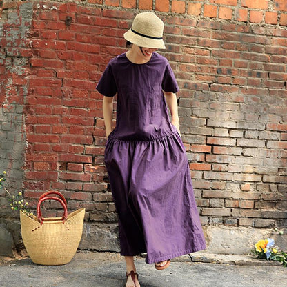 Plus Size Round Collar Short Sleeve Purple Cotton Dress