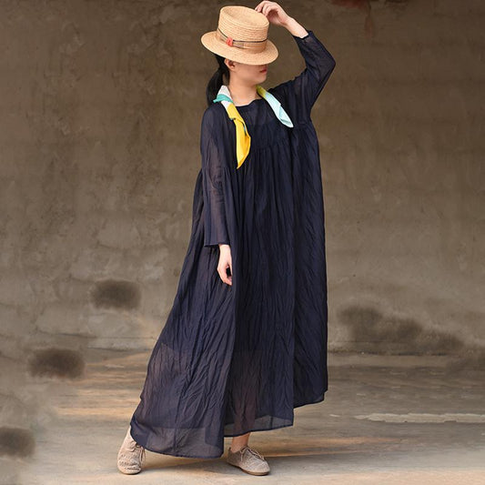 Plus Size Soft Comfortable Pleated Navy Blue Dress