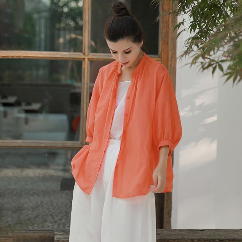 Plus Size Solid Stand Collar Women Blouse