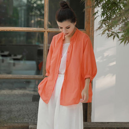 Plus Size Solid Stand Collar Women Blouse