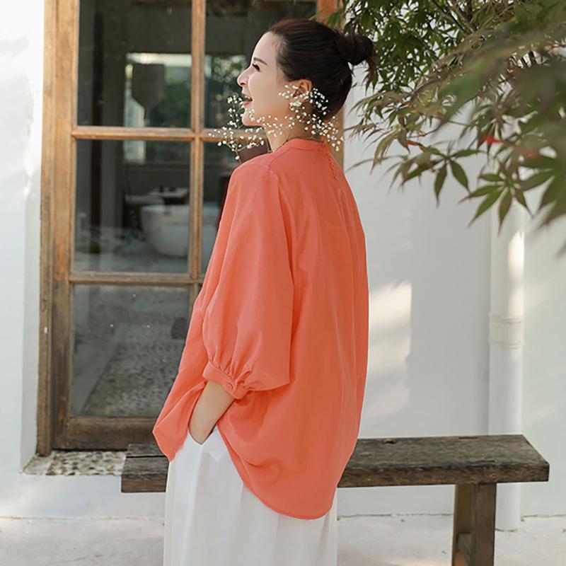 Plus Size Solid Stand Collar Women Blouse