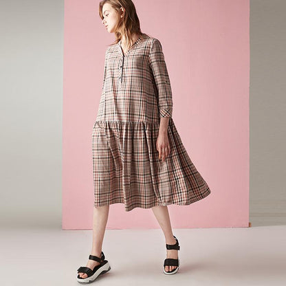 Plus Size Splicing Plaid Pullover Loose Midi Dress