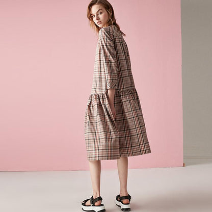 Plus Size Splicing Plaid Pullover Loose Midi Dress