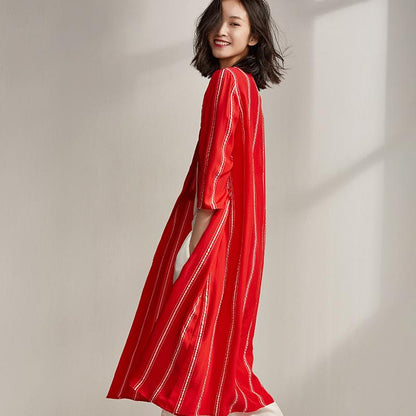 Plus Size Spring Stripe Cardigan Red Trench Coat